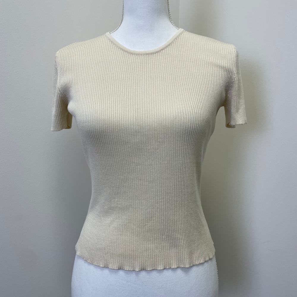 Vintage Ann Taylor 100% Silk Ribbed Short Sleeve Sweater S Cream Ivory Top Y2K